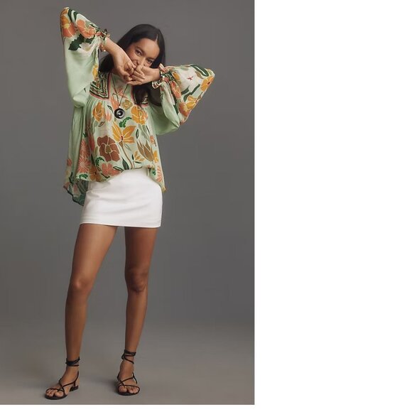 Anthropologie Bl-nk Miranda Peasant Blouse new size XS GREEN color nwt - Picture 2 of 7